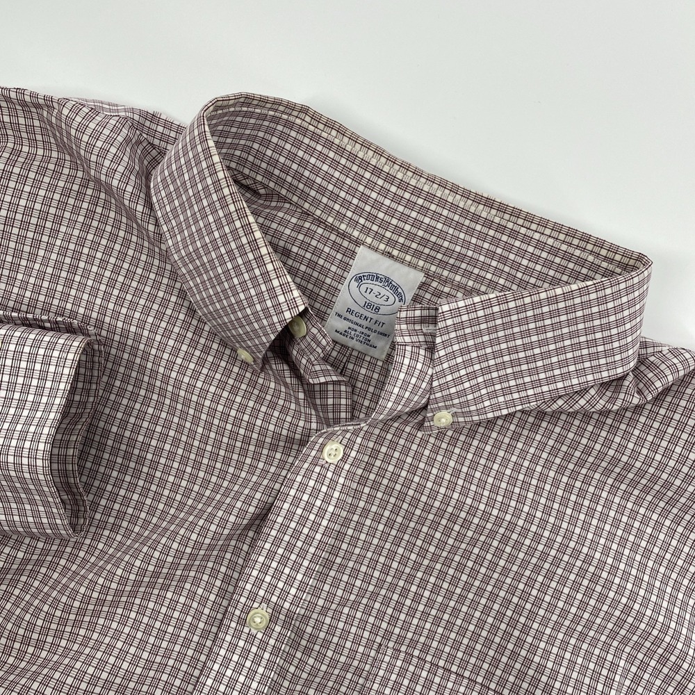 Brooks Brothers Shirt Mens 17 2/3 ‎ Burgundy Regent Check Non Iron Business 1818
